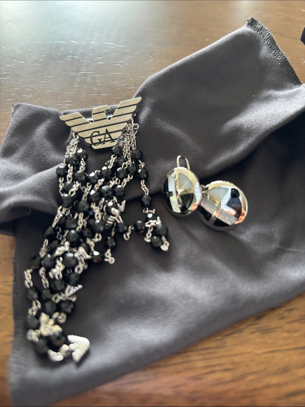 Emporio Armani Black and Silver Logo Brooch with Matching Earrings